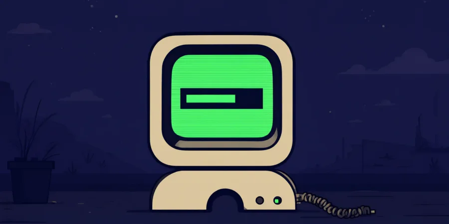 Wen95 on a dark desk at night, its green screen showing a stalled loading bar, modem cable trailing